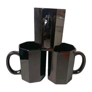 3 Arcoroc Octime Black Glass Octagon Coffee Mugs Tea Cups Vintage MCM France